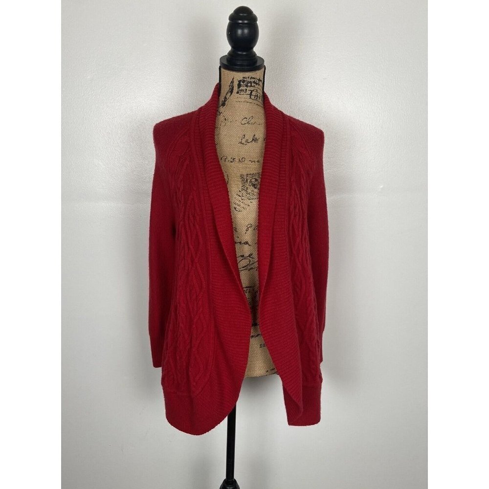 Talbots Lambswool Blend Cardigan Size LP Color Red Open Front Women Cable Knit‎